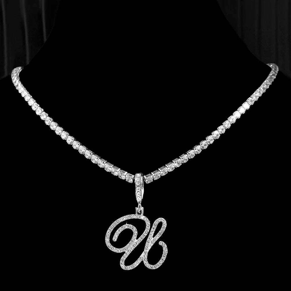 Neue Kursive Buchstaben Kubische Zirkonia Kette Initialen Namenskette Hip-Hop Schmuck Gold Silber Farbe CZ 26 Alphabet Anhänger Halsketten