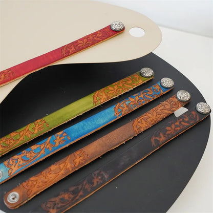 MKENDN Vintage pflanzlich gegerbtes Rindsleder-Manschettenarmband für Männer und Frauen, Punk-Armreif, geriebenes Distressed-Denim-farbiges Armband