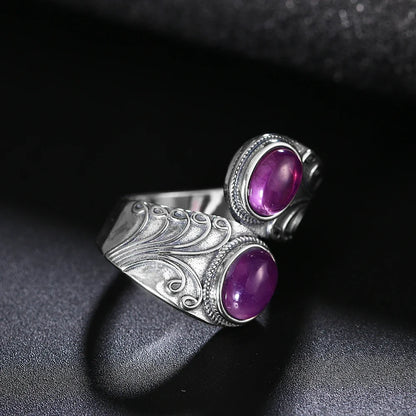 Punk-Hiphop-Ring aus 925er-Sterlingsilber, neues Design, mit zwei Amethysts, für Männer und Frauen, Schmuck, Party, Geburtstag, Geschenk