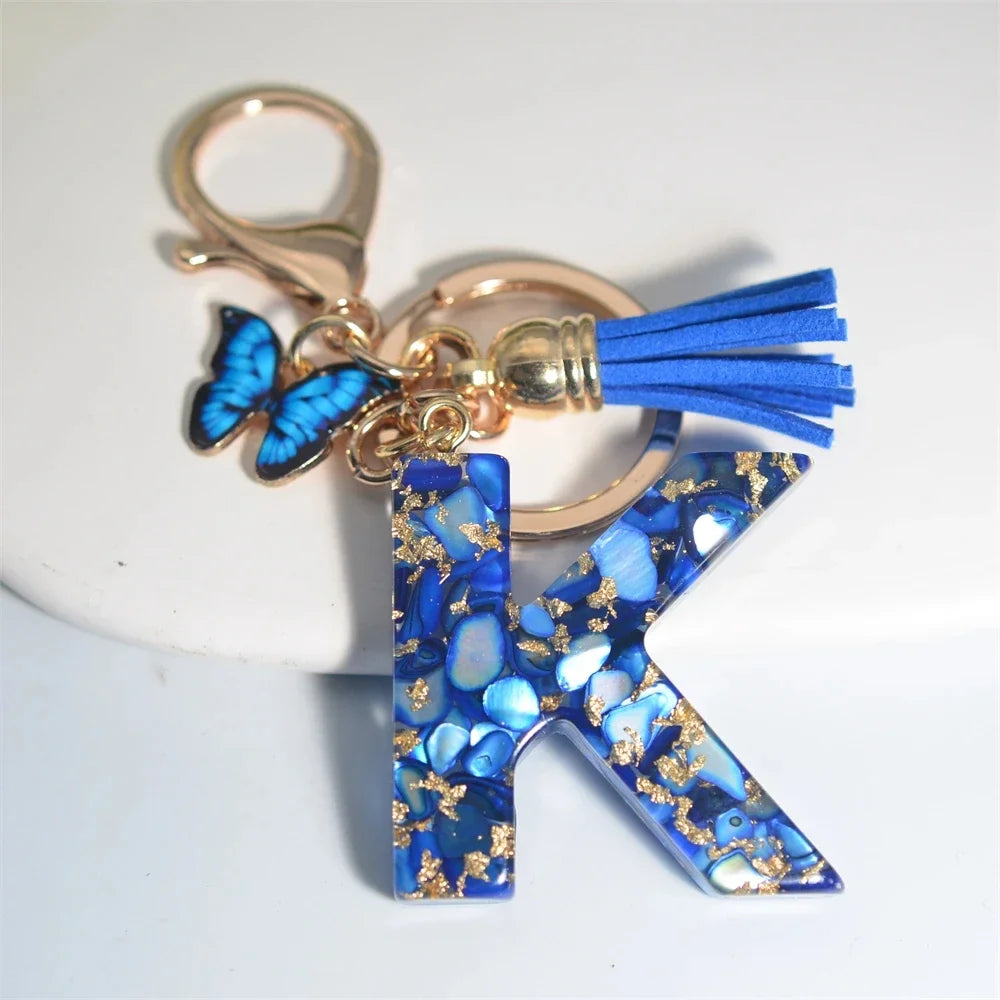 Modischer blauer glasierter Stein, A bis Z, Buchstaben-Schlüsselanhänger, 26 Initialen, Alphabet, Schmetterling, Quaste, Anhänger, Auto-Schlüsselanhänger, Damenschmuck, Geschenke