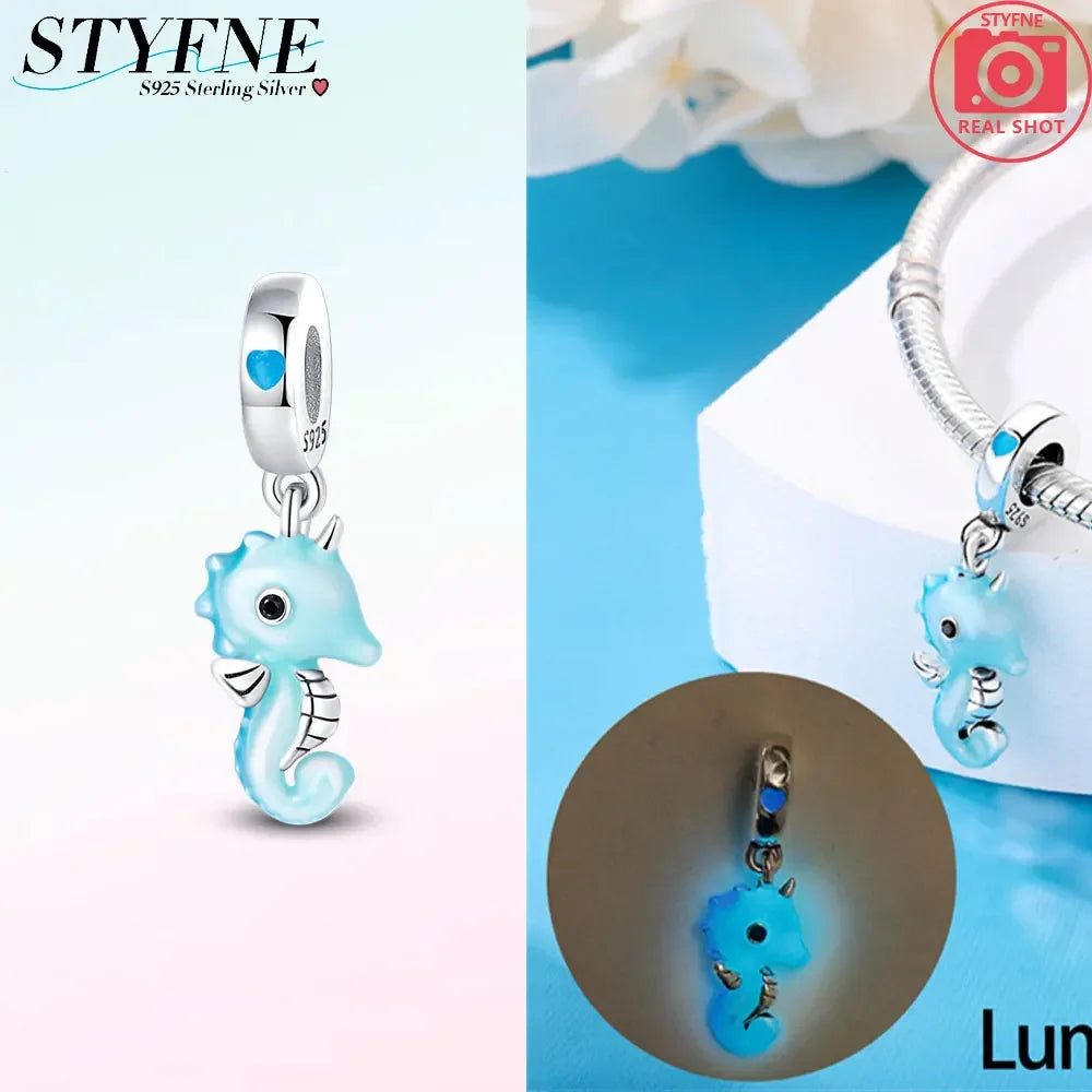 925 Silber Schildkröte Delphin Fischschwanz Muschel Seepferdchen Oktopus Leuchtende Charms Perlen passen Original Armbänder DIY Schmuck Geschenk