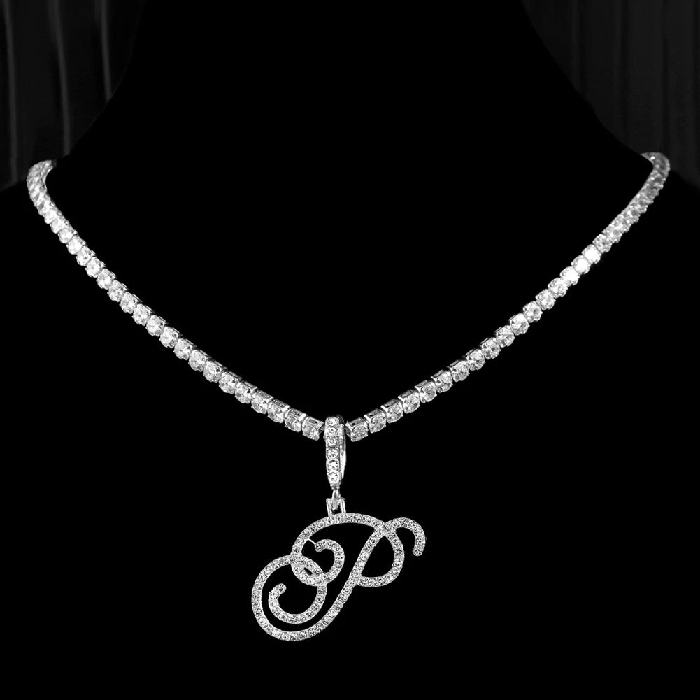 Neue Kursive Buchstaben Kubische Zirkonia Kette Initialen Namenskette Hip-Hop Schmuck Gold Silber Farbe CZ 26 Alphabet Anhänger Halsketten