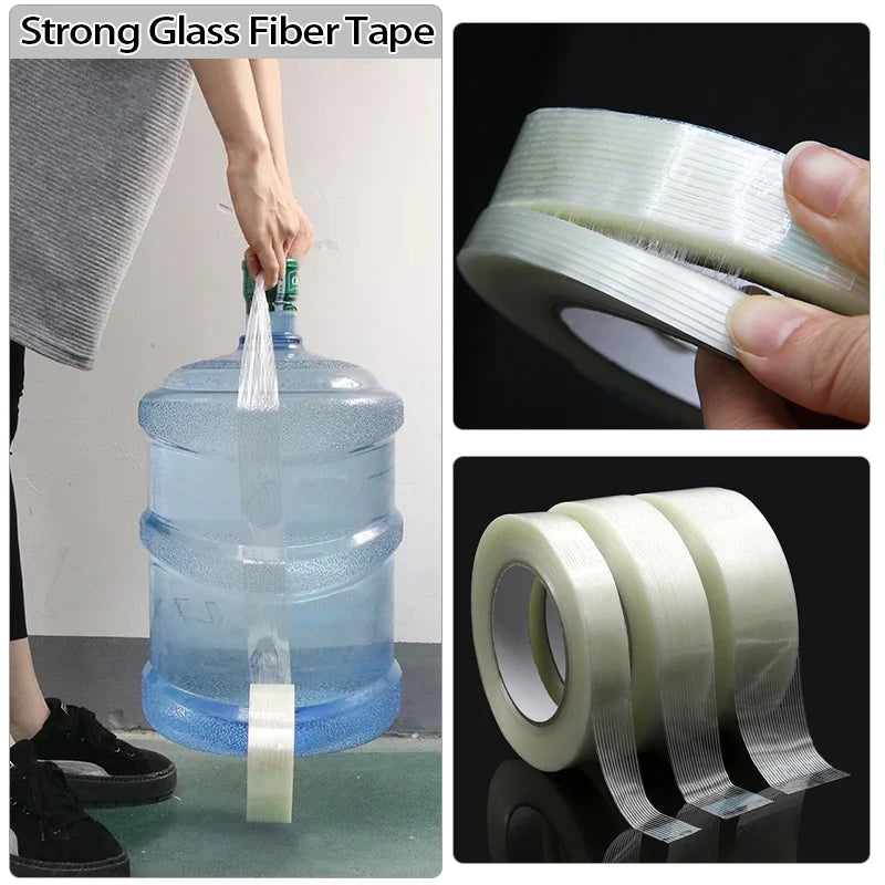 50 m/Rolle Glasfaserband, Breite 5–80 mm, Verpackungsband, feste Versiegelung, transparent, gestreift, einseitig stark haftende Klebebänder