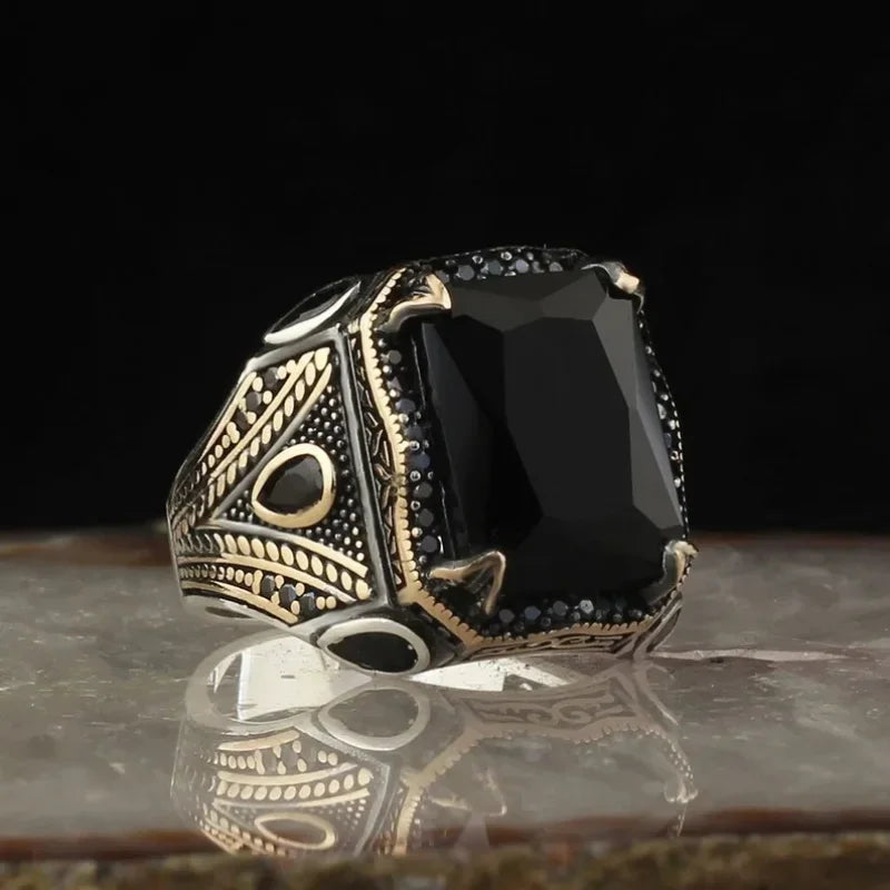 Retro handgemachte türkische Siegelringe für Männer alte silberne Farbe geschnitzten Ring mystischen Zirkon Inlay neuen Punk Motor Biker Ring