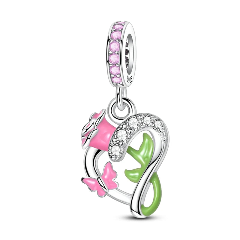 Romantische Schleifenperlen aus 925er-Sterlingsilber und herzförmiger, unendlicher baumelnder Charm, passend für Armbänder, schöne Schmuck-Accessoires, Geschenke