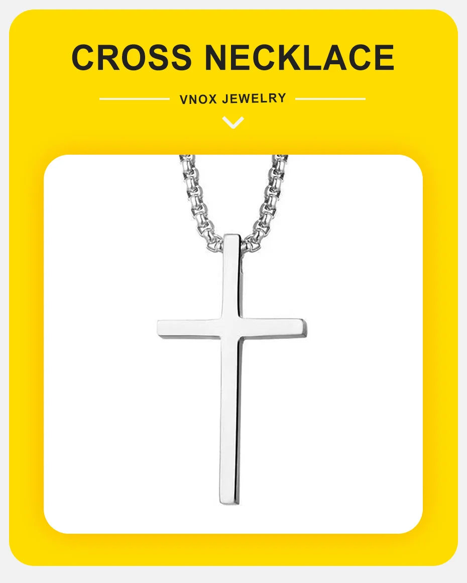 Vnox Cross Necklace for Men and Women, Silver Tone Simple Cross Pendant Collar with Stainless Steel Box Chain