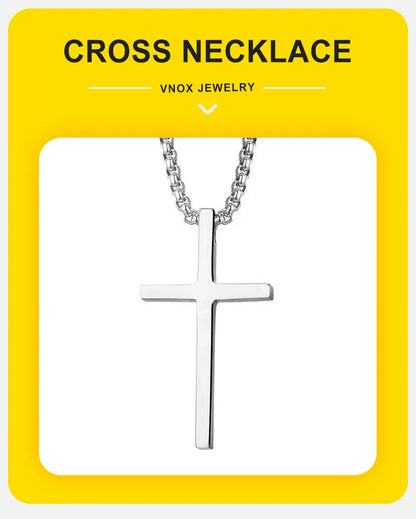 Vnox Cross Necklace for Men and Women, Silver Tone Simple Cross Pendant Collar with Stainless Steel Box Chain
