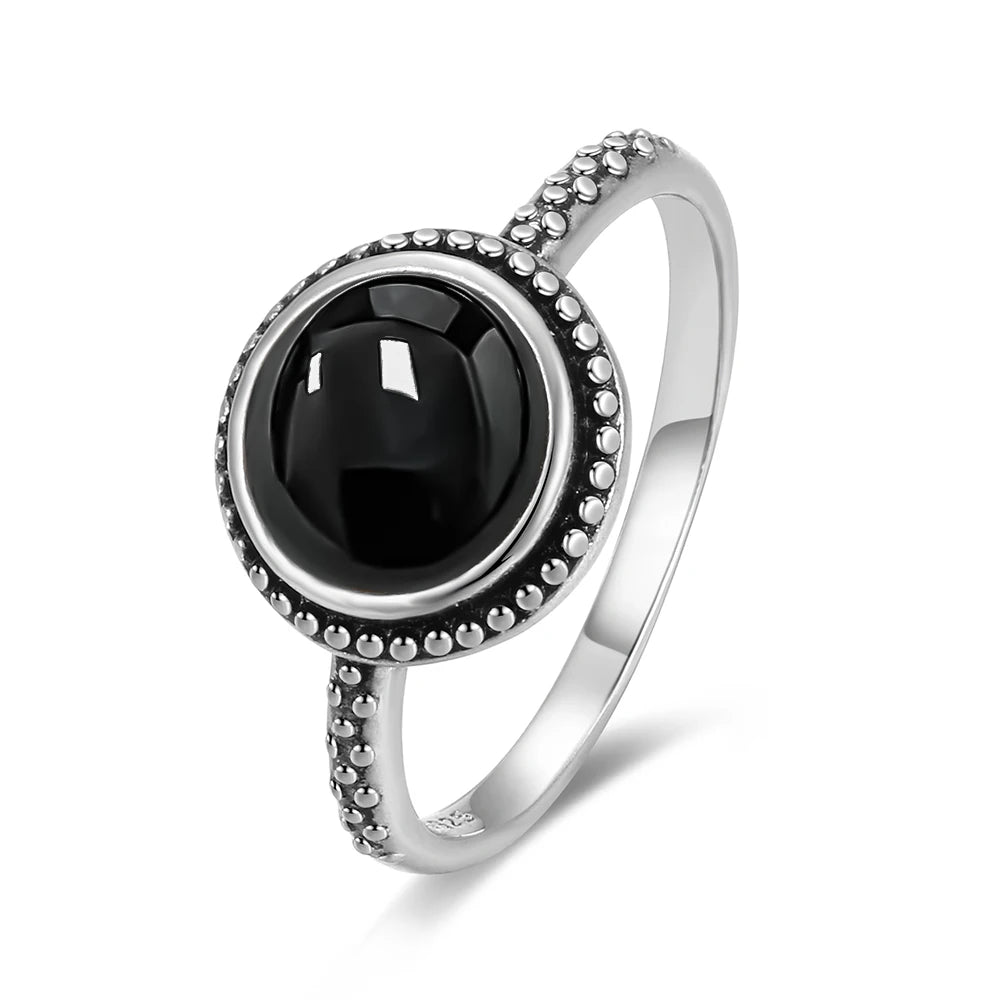 Vintage-Ring aus 925er Silber, natürlicher schwarzer Onyx-Ring, kreisförmiger Denier-Typ, Pferdeauge-Design, Geschenk, edler Schmuck, schwarzer Ring für Männer und Frauen