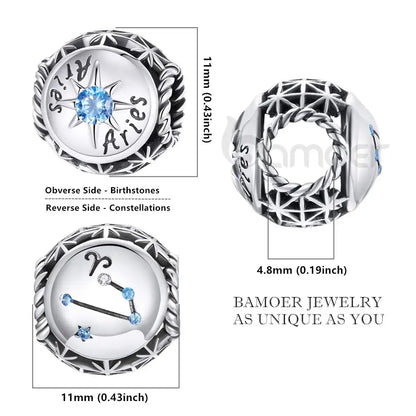 BAMOER Sternzeichen-Charm-Perlen aus 925er-Sterlingsilber, passend für Charm-Armbänder, 12 Sternbilder, Zirkonia-Charm SCC1725