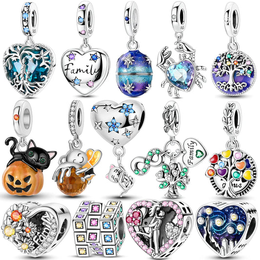 Charms aus 925er-Sterlingsilber, Baum des Lebens, Perlen, Kürbiskopf, Liebesherz, baumelnd, passend für Original-Armbänder, Halsketten, DIY-Modeschmuck