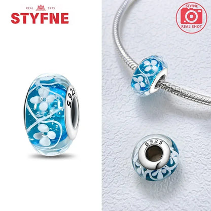 Echtes Sterlingsilber 925, Blumen-Charms, Glas, neue Original-Perle, bunt, Murano, passend für Original-Armbänder, DIY für Frauen, Schmuck, Geschenke