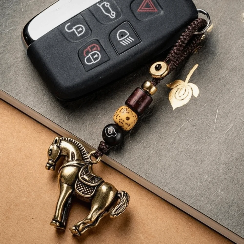 Kupfer Pferd Glück Tasche Anhänger Reichtum Feng Shui Chinesische Sternzeichen Schlüssel Ring Tasche Charme Handgemachte Seil Weben Schlüssel Ketten Schmuck Geschenk