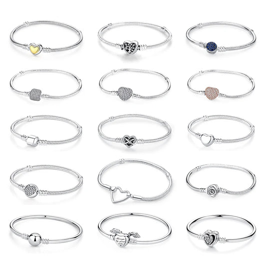 Original 925 Sterling Silber Armbänder Armreifen Liebe Herz Clip Charms Perlen Schlange Ketten Für Frauen Rose Gold DIY Luxus Schmuck
