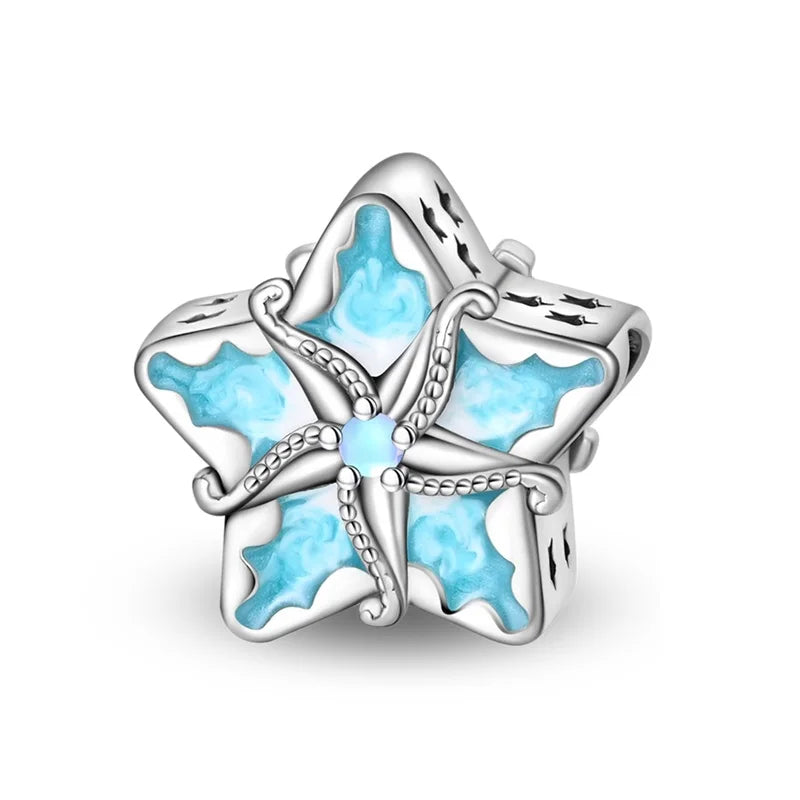 Exquisite Seestern-Perlen aus 925er-Sterlingsilber und vierblättriges Kleeblatt, baumelnder Charm für Armbänder und Halsketten, blaues romantisches Anhänger-Geschenk