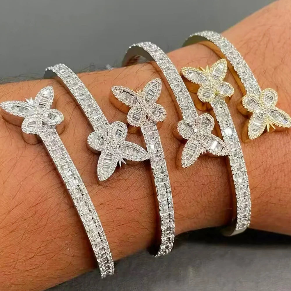 Neue Iced Out Bling Schmetterling Herz Armband Silber Farbe CZ Zirkon Oval Charme Geöffnet Armreif Für Männer Frauen Hiphop Luxus schmuck