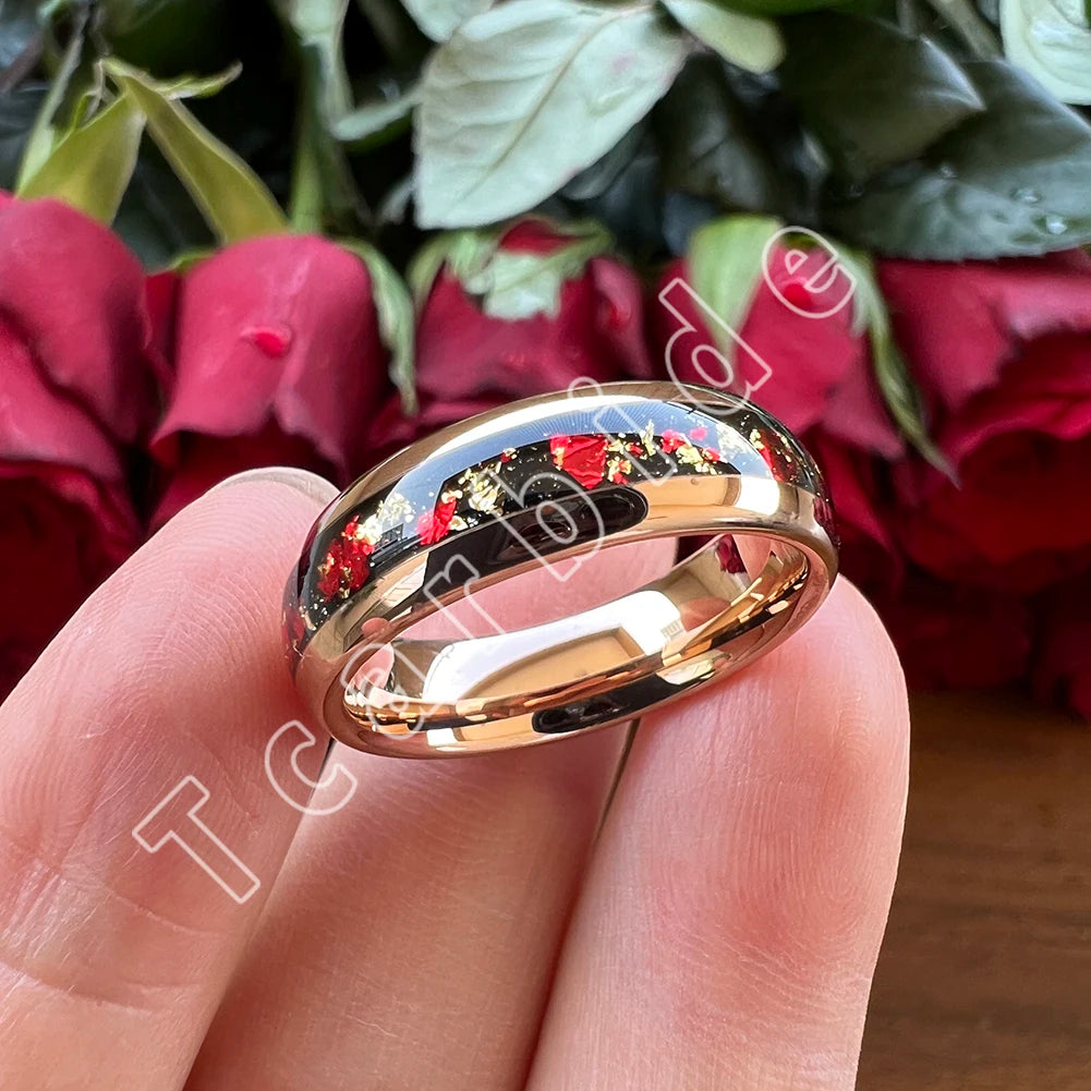 Dropshipping 6mm 8mm 18k Gold Farbe Kuppel Ehering Schöner Wolframkarbid Ring mit roter und Goldfolieninlage Comfort Fit
