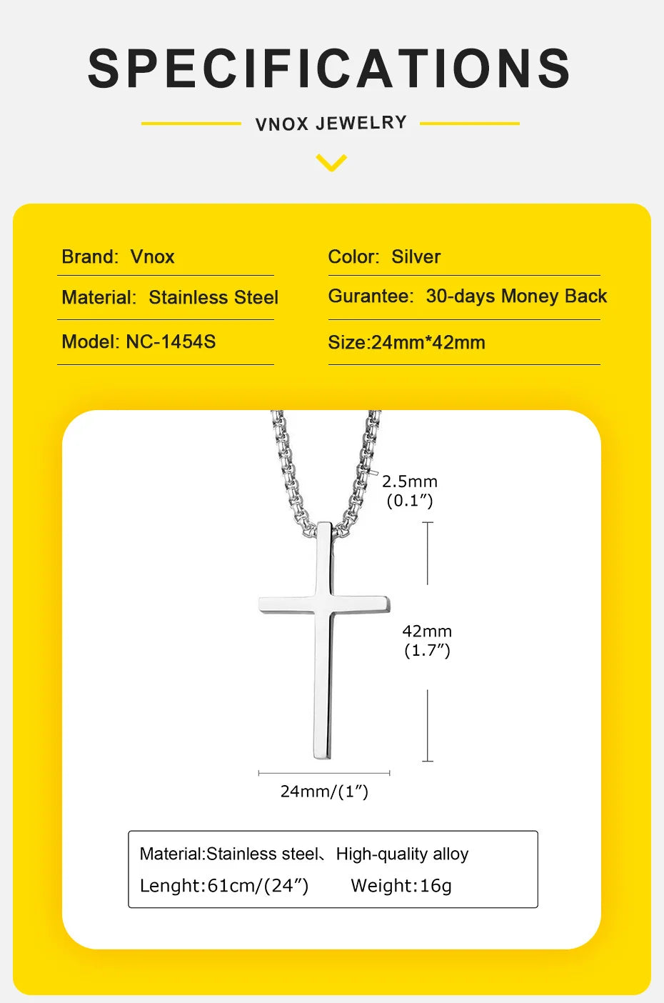 Vnox Cross Necklace for Men and Women, Silver Tone Simple Cross Pendant Collar with Stainless Steel Box Chain