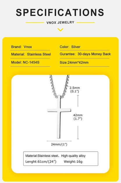 Vnox Cross Necklace for Men and Women, Silver Tone Simple Cross Pendant Collar with Stainless Steel Box Chain