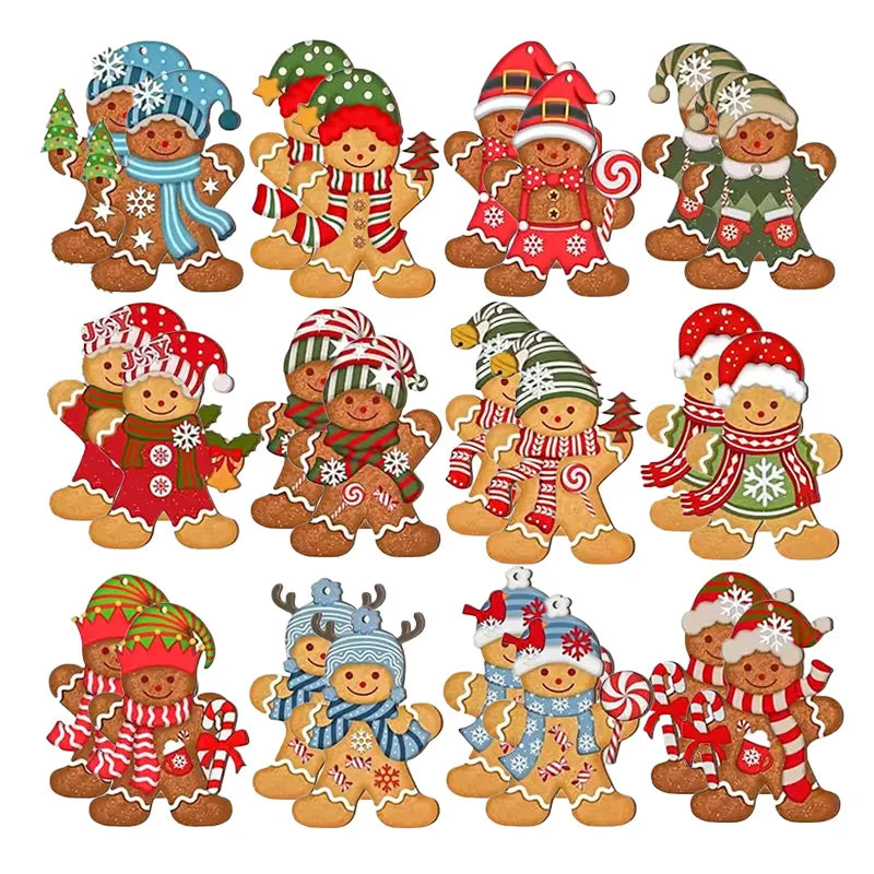 12/24 Stück Lebkuchenmann Holzornamente Weihnachtsbaum hängende Anhänger 2025, Weihnachtsfeier, Heimdekoration, Kinder, DIY-Geschenkanhänger