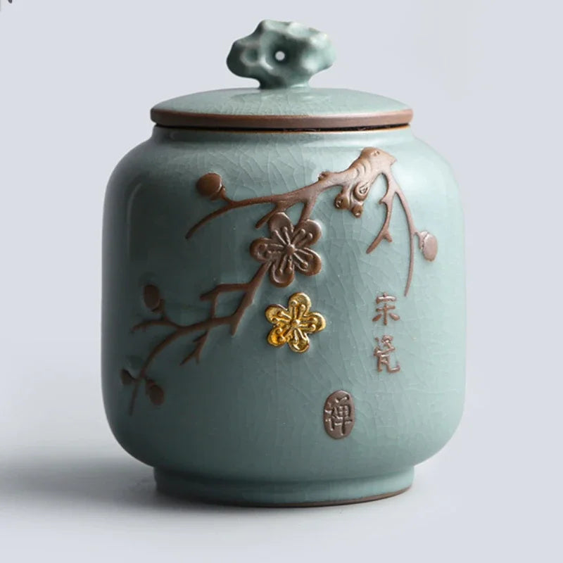 Hand-carved lotus celadon ash pet urn, dog and cat cremation urns, ceramic urns, sealed jar, funeral memorial art, large size