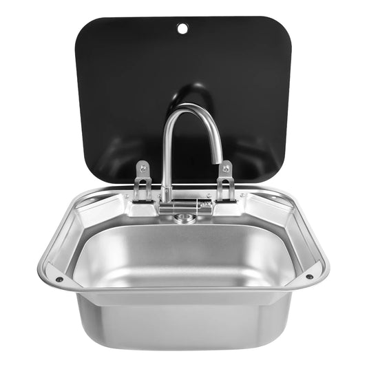 RV-Küchenspüle mit Armatur aus Edelstahl, Handwaschbecken mit Deckel für Wohnmobile, Wohnwagen, Camper, Boote, 16,14x14,37x6,3 Zoll