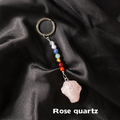 1 Stück natürlicher Kristall-Schlüsselanhänger mit sieben Chakra, Kristall-Rohstein-Anhänger, handgefertigter Schmuck, Festival-Geschenk