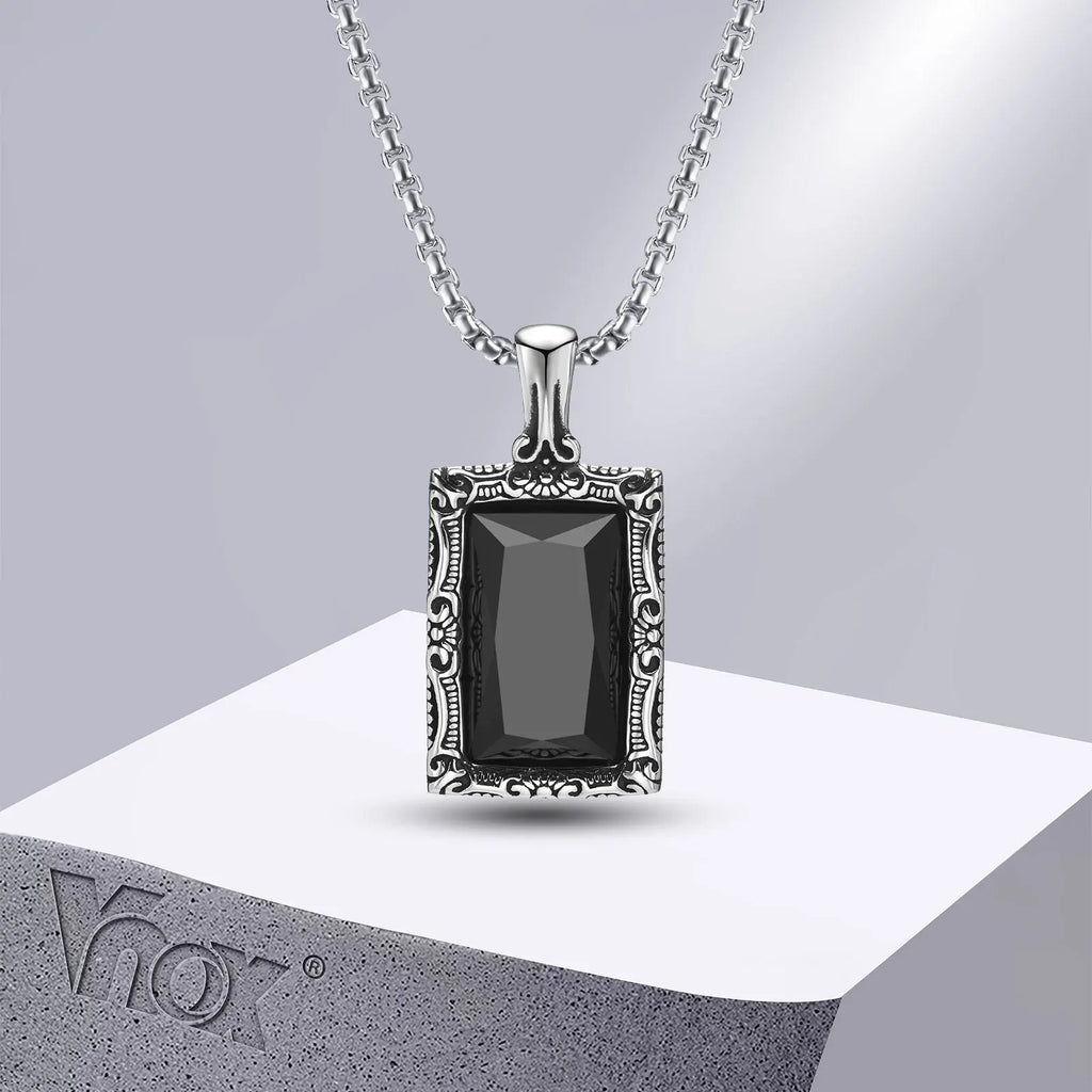 Vnox Black Square Stein Halsketten für Männer, Retro Silber Farbe Edelstahl geometrischen Anhänger Kragen mit Box Kette
