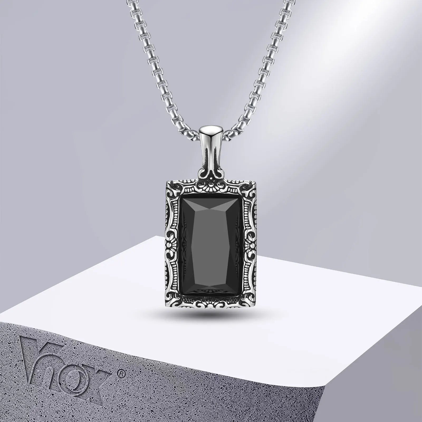 Vnox Black Square Stein Halsketten für Männer, Retro Silber Farbe Edelstahl geometrischen Anhänger Kragen mit Box Kette