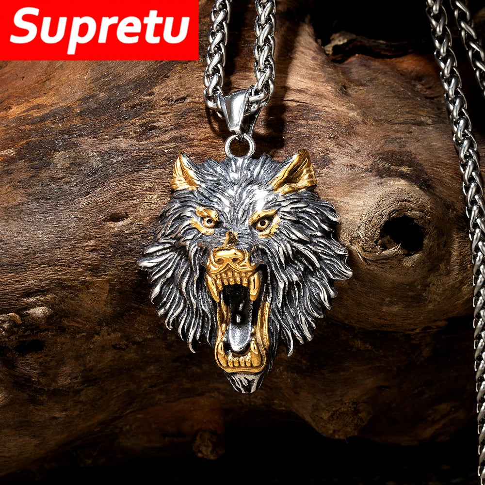 Punk Vikings Wolf Head Necklaces Stainless Steel Vintage Nordic Odin's Wolf Pendant Amulet Men Charm Genuine Leather Rope Jewelry