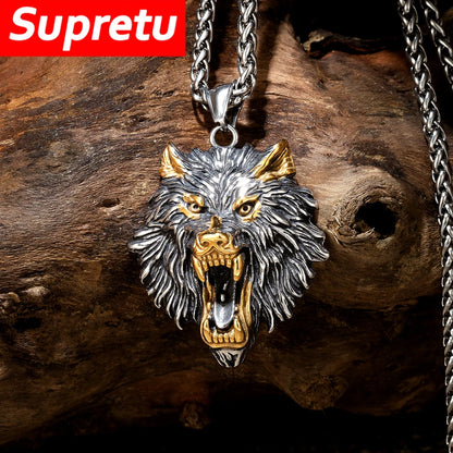 Punk Vikings Wolf Head Necklaces Stainless Steel Vintage Nordic Odin's Wolf Pendant Amulet Men Charm Genuine Leather Rope Jewelry