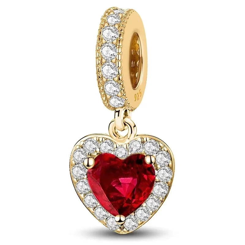 925 Sterling Silber Romantische Zirkon Rot Liebe Herz Charms Perlen Fit Original Pan Armband Armreifen DIY Edlen Schmuck Für Frauen