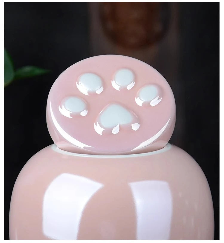 1 Piece Pink Ceramic Urn with Claw Print for Ashes, Small Cat and Dog Ceramic Ash Storage Jar, Pink Pet Hair Jar, Pet Funeral Supplies