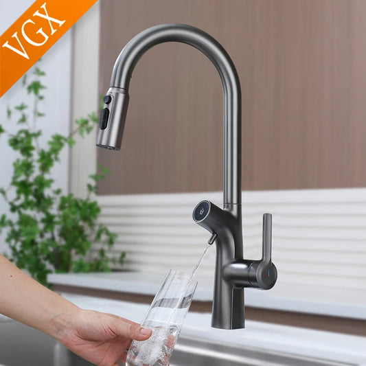 VGX Wasserfilter, Küchenarmatur, Doppelauslauf, reiner Trinkwasserhahn, herausziehbarer Küchenspüle, Mixer, Küche, Gourmet-Wasserhahn, Kran, Gold