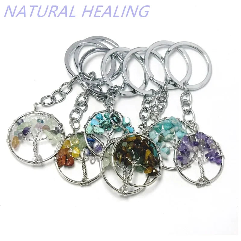 10 stücke Frauen natürlichen Chip Quarz Stein Perle 30mm Herz runden Baum des Lebens Schlüssel anhänger Lanyard Großhandel Schlüssel ringe