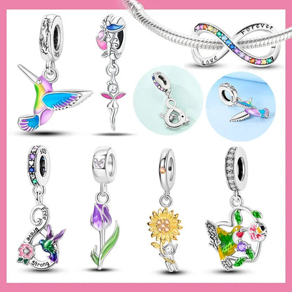 Echt S925 Sterling Silber Bunte Kolibri Blumen Charms Frühling Serie Perlen Fit Original Armbänder DIY Schmuck für Frauen
