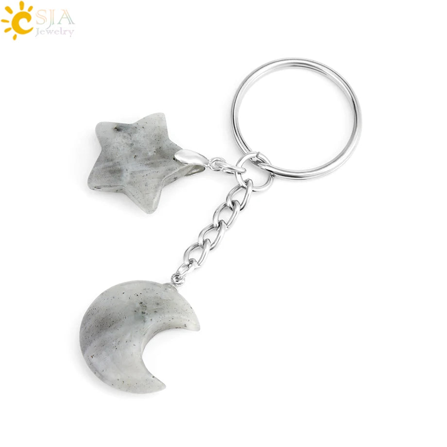 CSJA Healing Naturstein Schlüsselbund Trendy Mond Sterne Charm Bead Anhänger Silber Farbe Halter Schlüssel Ring Auto Schlüssel Ring Tasche Dekor H368