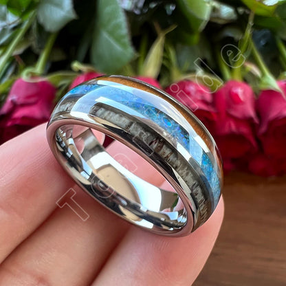 Dropshipping 8mm Männer Frauen Wolfram Ehering Dome Band Mit Hirschgeweih Blau Opal Und Holz Inlay Comfort Fit
