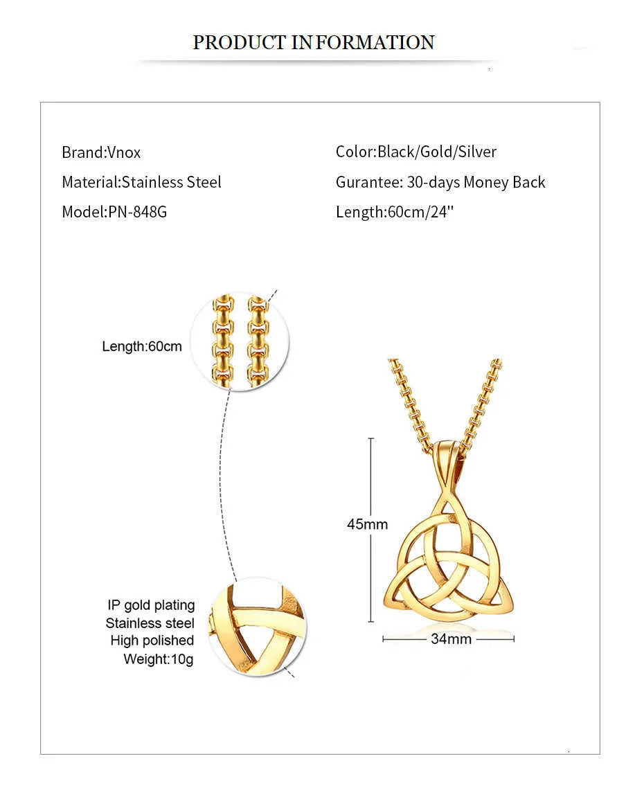 Vnox Wikinger-Halsketten mit keltischem Knoten für Herren, Edelstahl, Dreifachknoten-Anhänger, lässiger Herrenschmuck mit 61 cm Box-Kette