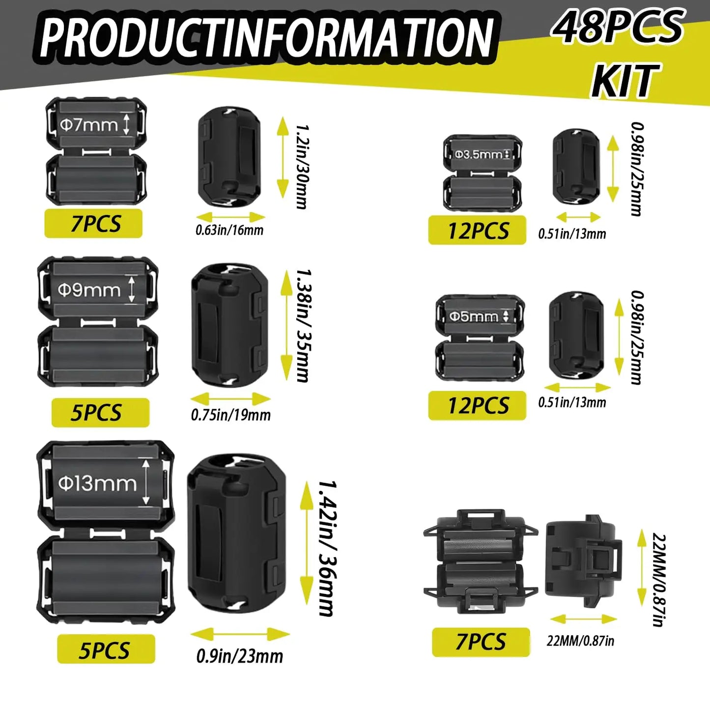 48PCS Ferritkern Set mit gefalteten Ferrit-Interferenzfilterkabelklemmen Clip-on Ferritkerne Clip für Netzkabel