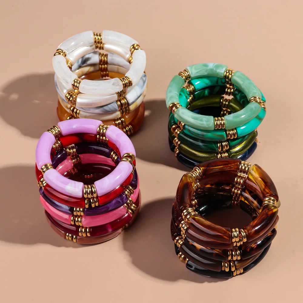 Vintage Chunky Bamboo Elbow Acrylic Bracelets for Women Men Rock Punk Stretch Large Curved Tube Stacking Bangle Couple Jewelry Gifts