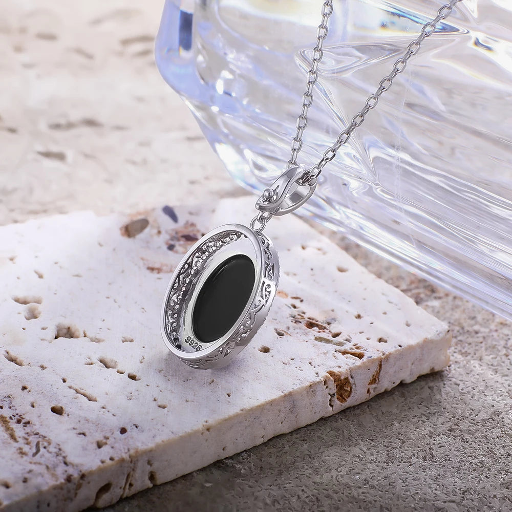 Halskette aus 925er-Sterlingsilber, natürlicher schwarzer Onyx, oval, 10 x 14 mm, mit Cry-Skelett, schlichtes Design, mit Kristall für Damen