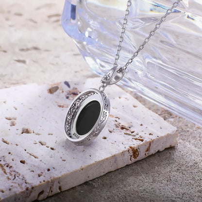 Halskette aus 925er-Sterlingsilber, natürlicher schwarzer Onyx, oval, 10 x 14 mm, mit Cry-Skelett, schlichtes Design, mit Kristall für Damen