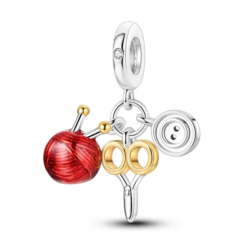 Original 925 Sterling Silber Nähmaschine Schere Charms Perle eingelegt rosa Zirkonium Anhänger passen Armband Schmuck Liebhaber Geschenk