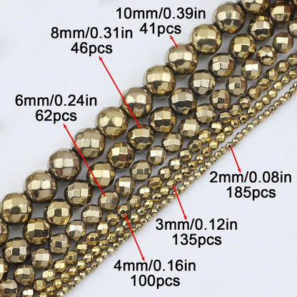 Messing Farbe Hämatit Naturstein Facettierte Runde Lose Perlen Für Schmuck Machen DIY Armband Halskette 15'' Strang 2/3/4/6/8/10mm