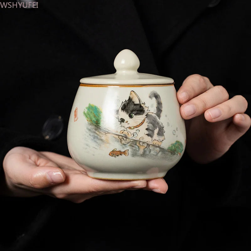 Funeral Ashes Glass Urn for Human Cremation Pet Ashes Holder Ceramic Keepsake Pal Ashes Urns Casket Seal Cute Cat Pattern