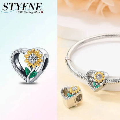 Exquisite Charm-Perlen aus 925er-Sterlingsilber mit Blumenserie, Sonnenblume, Sakura-Chrysanthemen-Anhänger für Damen, Schmuck, modisches Geschenk