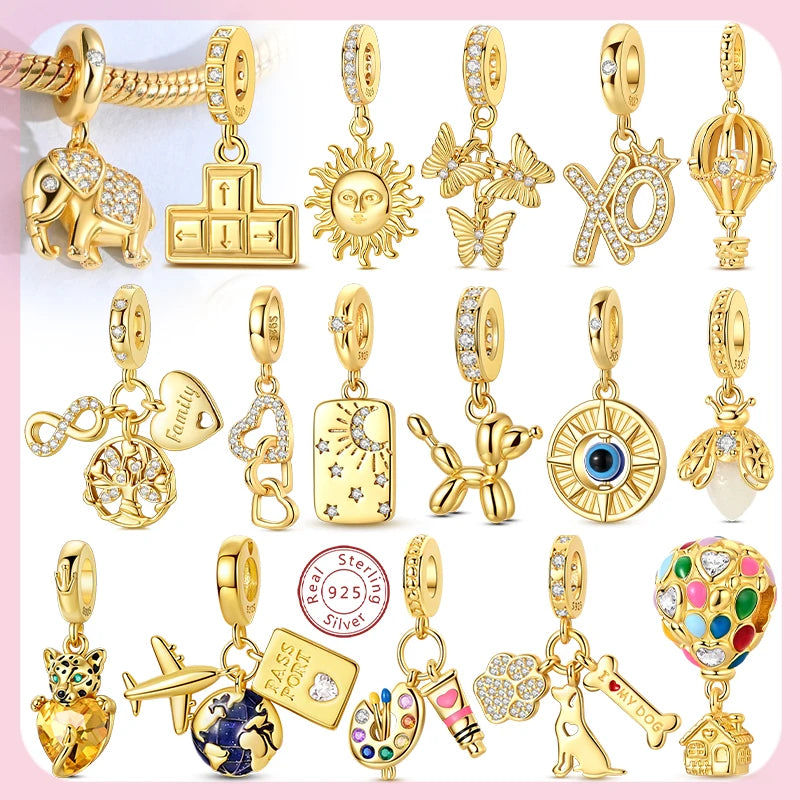 Original Charms-Perlen-Anhänger aus 925er-Sterlingsilber, goldener Schmetterling, Ballon-Hund-Charm, passend für Armband-Anhänger, Armreif, DIY-Schmuck, Geschenk