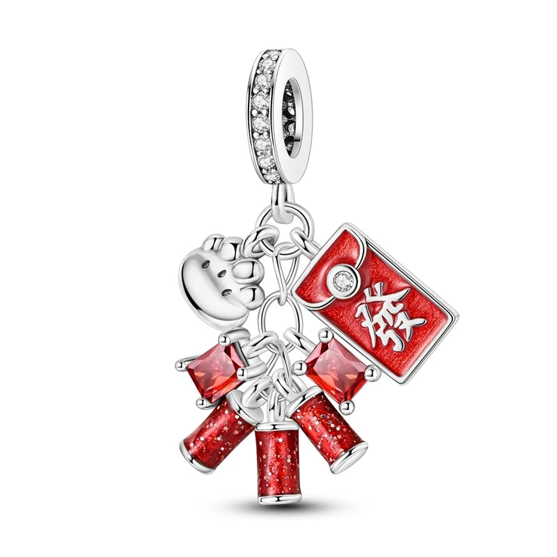 Rote Serie 925er Sterlingsilber, Koi-Herz, Pilz, Feuerwerkskörper, Kaffeemaschine, Charm, passend für DIY-Armbänder, Halsketten, exquisite lustige Geschenke