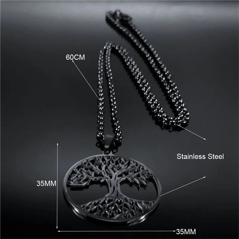 2024 Tree of Life Stainless Steel Long Necklace for Men Black Color Necklaces &amp; Pendants Jewelry cadenas para hombre N834S03