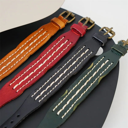 MKENDN Vintage pflanzlich gegerbtes Rindsleder-Manschettenarmband für Männer und Frauen, Punk-Armreif, geriebenes Distressed-Denim-farbiges Armband